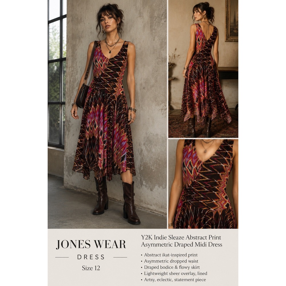 Jones Wear Dress 12 Y2K Indie Sleaze Abstract Print Asymmetric Draped Midi